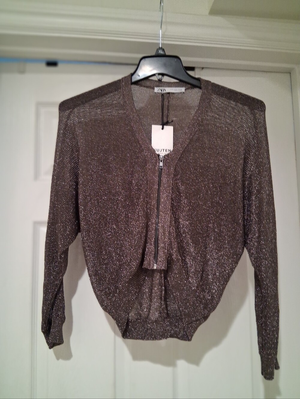 KUJTEN Zara Metallic Black Zip-Front Lightweight Cardigan